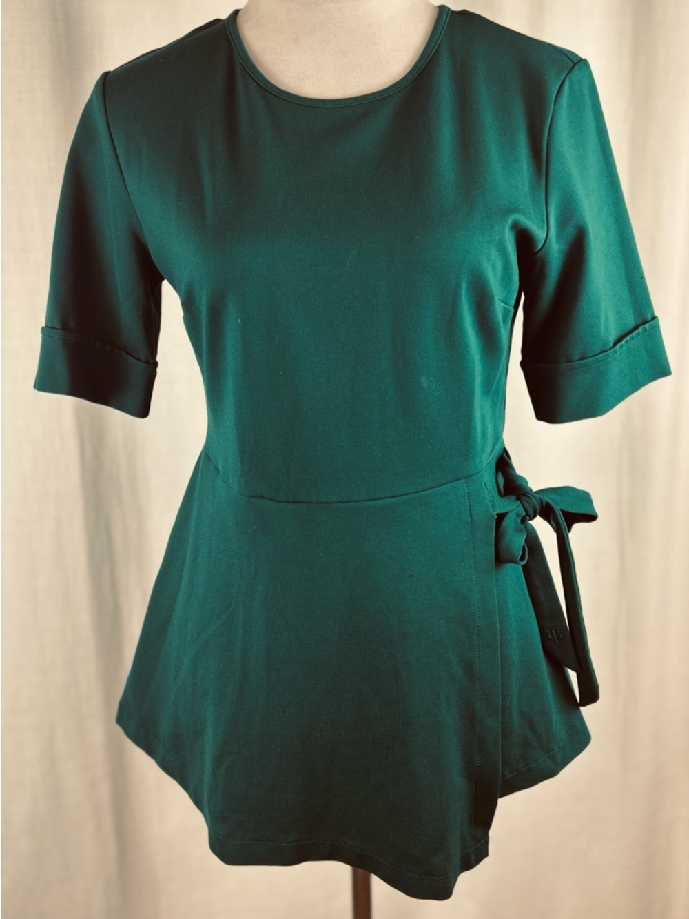 Betabrand Dark Green Kelly Side-Tie Short-Sleeve Peplum Blouse